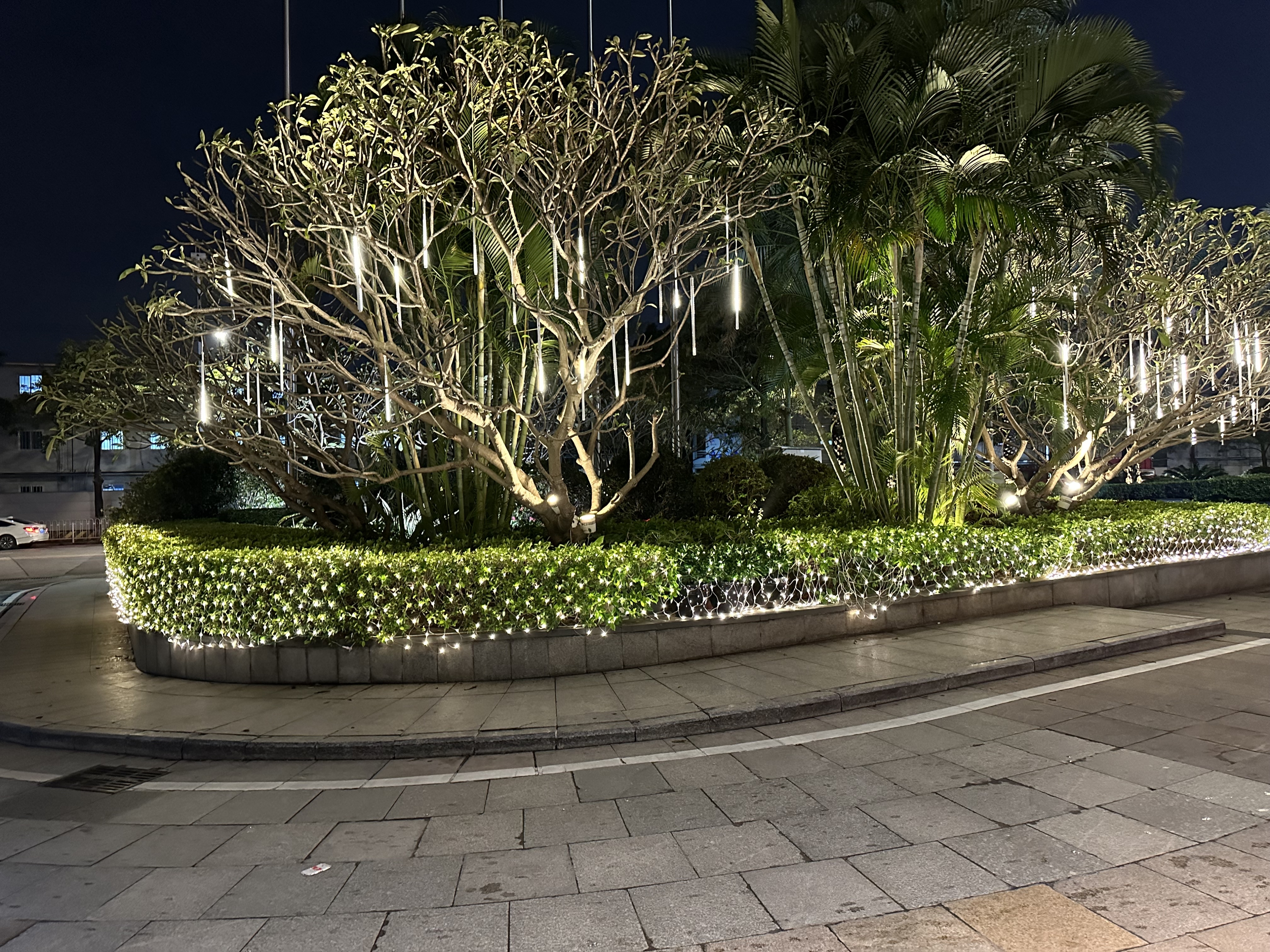 Decorative exterior net string lighting installation
